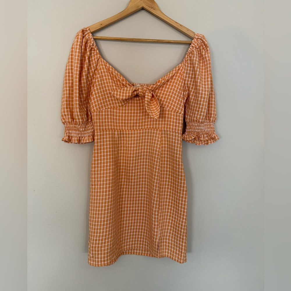 Altar'd State Apricot Gingham Puff Sleeve Tie-Front Orange & White Mini Dress